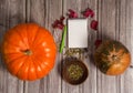 Notepad, pen, two pumpkins, pumpkin seeds, autumn leaves on a wooden background. Royalty Free Stock Photo