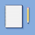 Notepad with pencil on blue background with shadows empty paper work paper success checklist report work. Flat design