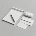 Notepad with a rolled edge, silver pen on left. To the right, a business card stack with Royalty Free Stock Photo