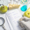 Notepad with scientific research report and blue pen on laboratory table with selective focus effect Royalty Free Stock Photo