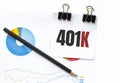 Notepad with text 401K on business charts and pen