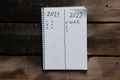 Notepad with the text of the year 2021 and 2022. Plans for the year 2022 war in Ukraine. All forces to win the war Royalty Free Stock Photo
