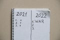 Notepad with the text of the year 2021 and 2022. Plans for the year 2022 war in Ukraine. All forces to win the war Royalty Free Stock Photo