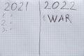 Notepad with the text of the year 2021 and 2022. Plans for the year 2022 war in Ukraine. All forces to win the war Royalty Free Stock Photo