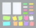 Notepaper with adhesive tape. Blank stickers with ripped edges lined with grids, colored notebook pages. Vector isolated Royalty Free Stock Photo