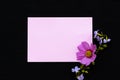 Notepaper with pink flowers cosmos ,purple flowers arrnagement flat lay postcard style