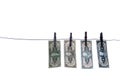 Notes, banknotes, old Brazilian money on clothesline