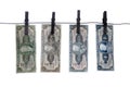 Notes, banknotes, old Brazilian money on clothesline