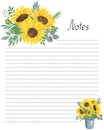 Notes blank page template with floral decoration watercolor illustration, yellow sunflowers, green leaves, flower bouquet