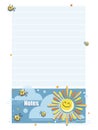 Notes. Cartoon sun, ladybugs. Template design for childrens planning, organizer, notebook.