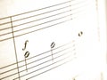 Notes close up macro on a sheet of paper. Music and sound. Royalty Free Stock Photo