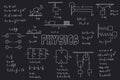 Notes on exercises, physical formulas and equations, uniform rectilinear motion, statics, electromagnetism, friction force, energy Royalty Free Stock Photo