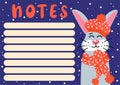 Notes template with cartoon bunny in knitted beret and scarf on snowfall background