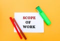 Notes with the word Scope of work and markers. Business operations, tasks and settings. Bill of quantities concept Royalty Free Stock Photo