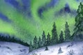 Nothern lights, snow and forest