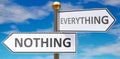 Nothing and everything as different choices in life - pictured as words Nothing, everything on road signs pointing at opposite