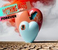 Nothing lasts forever! A red and a blue heart were erected from a dry wasteland on a smoky background