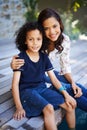 Nothing stronger than the bond between mother and son. a mother and son dipping their feet into the pool on the patio. Royalty Free Stock Photo