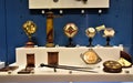 Notice board containing various ancient tools and objects, including a sword, in the Galileo museum in Florence.