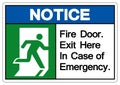 Notice Fire Door Exit Here In Case Of Emergency Symbol Sign, Vector Illustration, Isolate On White Background Label. EPS10 Royalty Free Stock Photo
