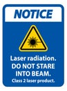 Notice Laser radiation,do not stare into beam,class 2 laser product Sign on white background Royalty Free Stock Photo