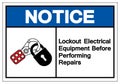 Notice Lockout Electrical Equipment Befor Performing Repairs Symbol Sign ,Vector Illustration, Isolate On White Background Label
