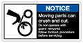 Notice Moving parts can crush and cut Do not operate with guard removed Follow Lockout Procedure Before Servicing Symbol Sign,