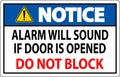 Notice Sign, Fire Door Alarm Will Sound If Door Is Opened Do Not Block