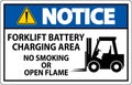 Notice Sign Forklift Battery Charging Area, No Smoking Or Open Flame