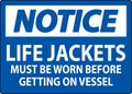 Notice Sign Life Jackets - Must Be Worn Before Getting On Vessel