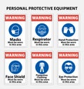 Danger sign for ppe kit required, masks, gloves, face shield required sign, PPE sign collection vector eps10 Royalty Free Stock Photo