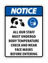 Notice Staff Must Undergo Temperature Check Sign on white background