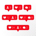 Notification application icons heart, message, friend request vector set