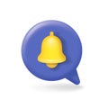 Notification bell alarm icon. Ringing yellow bell sing 3d vector