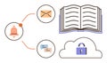 Notification Bell, Cloud Security Lock, Emails, and Open Book Representing Communication and Data Management Royalty Free Stock Photo