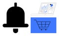 Notification Bell with Analytics Screen and Shopping Cart in Modern Flat Design Royalty Free Stock Photo