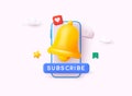 Notification bell icon on phone screen. Reminder 3D Illustration, Notifications page with floating elements. D Web Vector