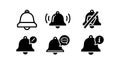Notification bell icon set vector illustration with mute message and info variants in black style Royalty Free Stock Photo