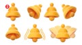 Notification bells 3D icons. Yellow bell with notifications counter, ring sound and different angles vector Illustration