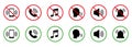 Notification Call Black Silhouette Icon Set. Silence Mute Zone Red Forbidden Round Sign. Use Phone Speak Loud Allowed