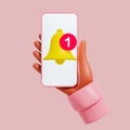 Notification3d rendered notification yellow bell alert icon on mobile phone screen with the brown hand holding with pink backgroun