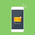 Notification of an incoming email letter to a mobile phone. E-mailing, spam, e-commerce. Vibration smartphone. Vector