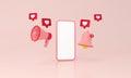 Notification message bell, Smartphone, Megaphone and like heart icon on minimal pink background. 3D rendering