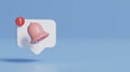 Notification message pink bell icon social media on pastel blue background. 3d render