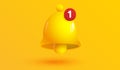 Notification number alarm symbol icon isolated on yellow background. yellow bell sign with new subscriber for social media