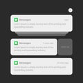 Notification screen UI design. Phone notification windows template on a dark background. Smartphone messaging interface. Vector