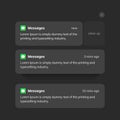 Notification screen UI design. Phone notification windows template on a dark background. Smartphone messaging interface. Vector