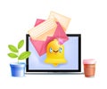 Notification vector 3D concept, new email alert, alarm illustration with laptop screen, bell, opened envelope.