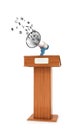 Notion of propaganda, or freedom. Loudspeaker on the Trebune, from which the words fly out. 3d Royalty Free Stock Photo