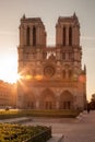 Notre Dame cathedral against sunrise in Paris, France Royalty Free Stock Photo